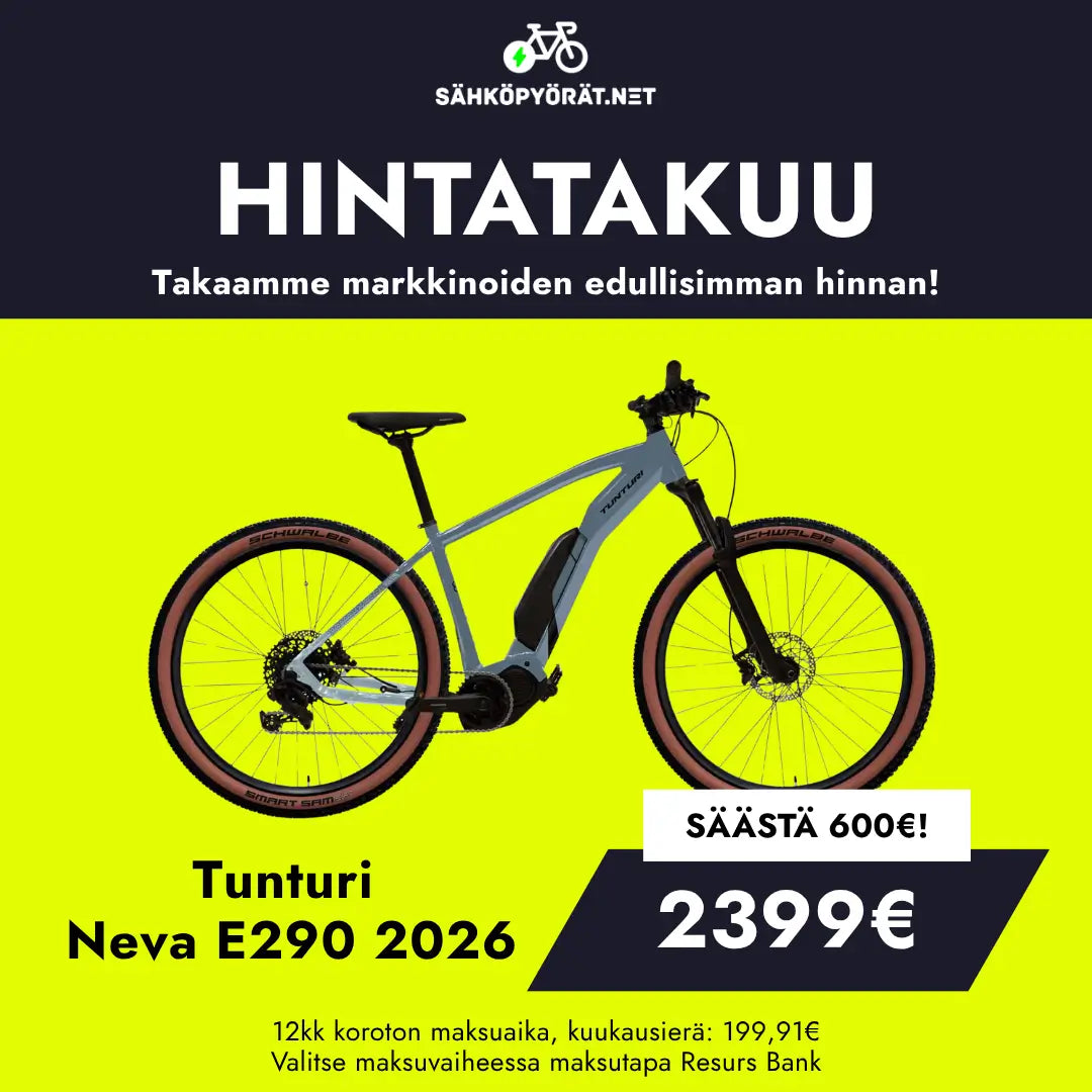 Tunturi Neva E290 E290 2026 maastopyörän mainos näkyy keltaisella pohjalla Shimano EP5 sähkömoottorin kanssa. Hinta: 2399€, säästä 600€. Suomalaiset maksuvaihtoehdot korostettuna. Tuotemerkki: Tunturi.