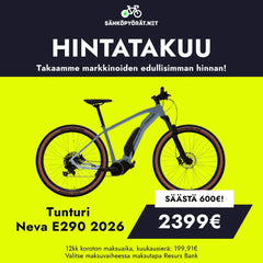 Tunturi Neva E290 E290 2026 maastopyörän mainos näkyy keltaisella pohjalla Shimano EP5 sähkömoottorin kanssa. Hinta: 2399€, säästä 600€. Suomalaiset maksuvaihtoehdot korostettuna. Tuotemerkki: Tunturi.