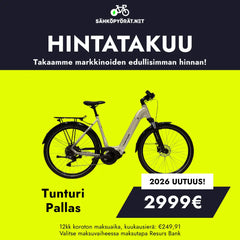 Mainoksessa on harmaa Tunturi Pallas -sähköpyörä keltaisella taustalla. Tekstissä lukee: "HINTATAKUU" ja "Tunturi Pallas 2026 Uutuus!". 2999€", alla maksutiedot ja yläpuolella pyörän kuvake. Tuotemerkki: Tunturi Tunturi Tunturi: Tunturi.