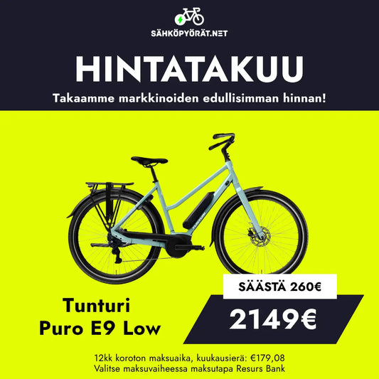 Vaaleansininen Tunturi Puro E9 Low sähköpyörä näkyy keltaisella pohjalla mustalla 2149€ hintalapulla ja 260€ alennuksella. Suomenkielinen teksti korostaa hintatakuuta ja joustavia maksuvaihtoehtoja. Tunturi.