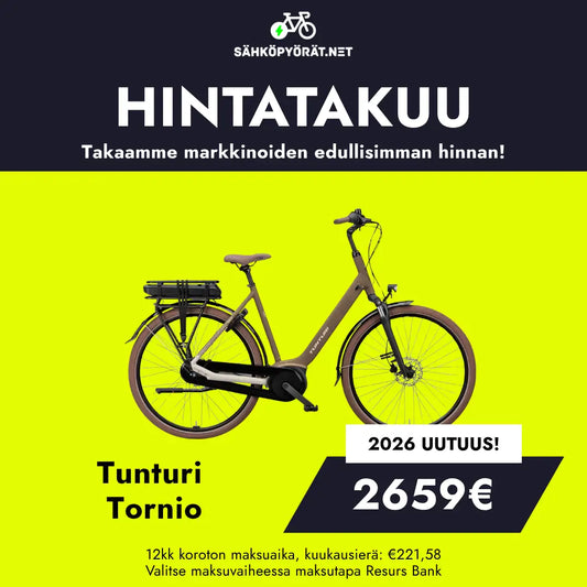 Tunturin ruskea Tunturi Tornio sähköpyörä Bosch Active Line+:lla keltaisella pohjalla. Hinta 2659 €, Suomen hintatakuu, "2026" ja kuukausimaksutiedot ovat myös näkyvissä.