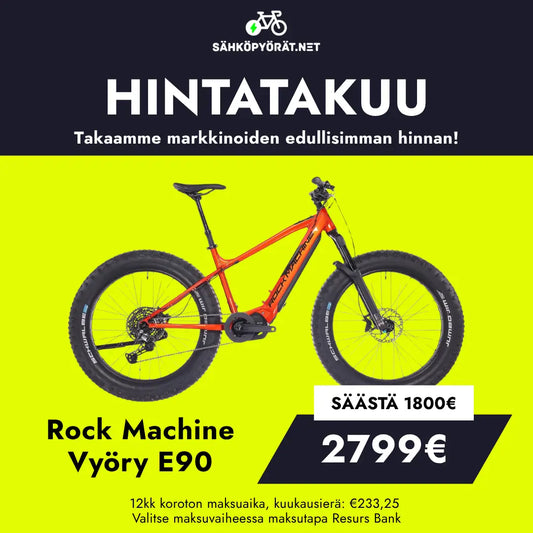 SÄHKÖPYÖRÄT.NETin oranssin Rock Machine Vyöry E90 sähköpyörän mainos, jossa on tehokas Shimano EP6 moottori. Nyt vain 2799€ (säästö 1800€)! Hintatakuu & rahoitus alkaen 233,25€/kk. Vihreä tausta.