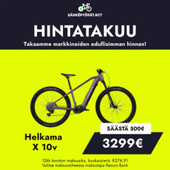 Harmaa Helkama X 10v 27,5″ sähköpyörä *naisten suosikki* pienempi runkokoko keltaisella ja mustalla pohjalla. Tekstissä hintatakuu, myyntihinta 3299€ (säästö 500€) ja alareunassa rahoitusinfo.